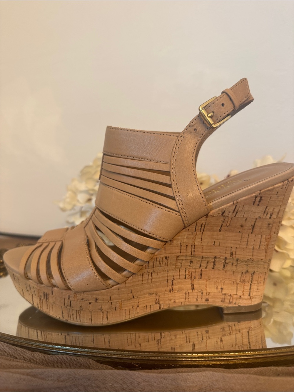 Franco Sarto Camel/Tan Leather Strappy Cork Wedge Sandals
